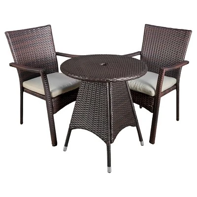 Georgina 3pc Wicker Patio Bistro Set with Cushions - Brown - Christopher Knight Home