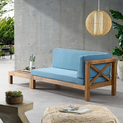2pc Brava Outdoor Acacia Wood Right Arm Loveseat & Coffee Table with Cushion Teak/Blue - Christopher Knight Home