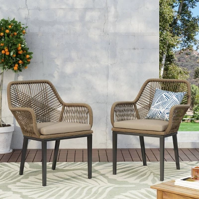 2pk Russel Outdoor Wicker Dining Chairs with Cushions Light Brown/Beige - Christopher Knight Home