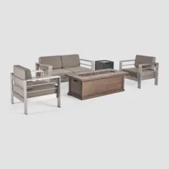 Cape Coral 4pc Metal Conversation And Gas Fire Table Set - Khaki/Brown/Black - Christopher Knight Home