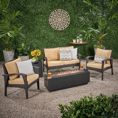 Kahala 5pc Wicker Chat Set with Fire Table - Christopher Knight Home