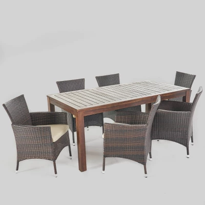 Lincoln 7pc Acacia Wood & Wicker Patio Dining Set - Dark Brown - Christopher Knight Home