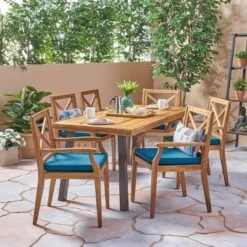 Juniper 7pc Acacia Wood Dining Set - Teak/Blue - Christopher Knight Home