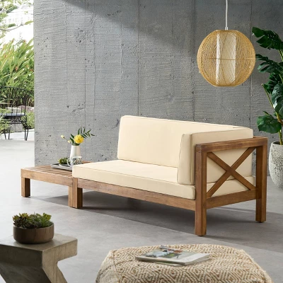 2pc Brava Outdoor Acacia Wood Right Arm Loveseat & Coffee Table with Cushion Teak/Beige - Christopher Knight Home