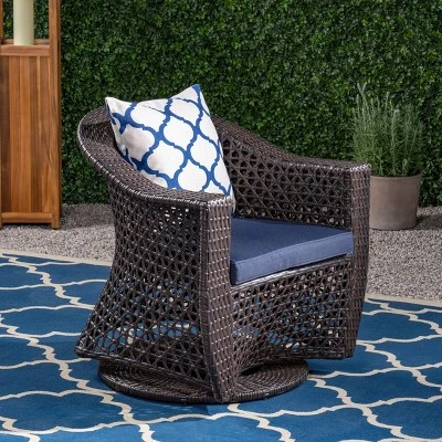 Big Sur Wicker Patio Swivel Chair - Multi-Brown/Navy Blue - Christopher Knight Home