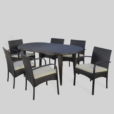 Carter 7pc Wicker Patio Dining Set - Brown/Creme- Christopher Knight Home