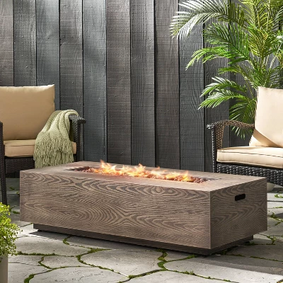 Aidan Outdoor 50000 BTU Iron Rectangular Fire Pit Wood Pattern Brown - Christopher Knight Home