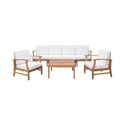 Perla 7pc Acacia Wood Sofa & Club Chair Set - Teak/Cream - Christopher Knight Home