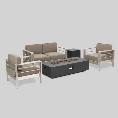 Cape Coral 5pc Aluminum and MGO Seating Set with Fire Table Khaki/Dark Gray - Christopher Knight Home