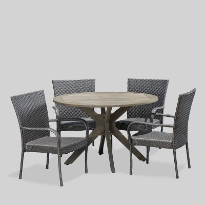 Avoca 5pc Acacia Wood and Wicker Dining Set - Gray - Christopher Knight Home