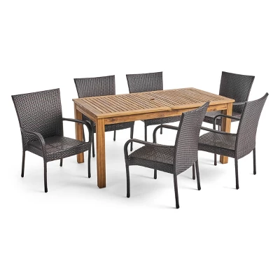 Hayes 7pc Wood & Wicker Expandable Dining Set - Natural/Brown - Christopher Knight Home