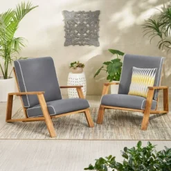 Paloma 2pk Outdoor Acacia Wood Club Chairs With Cushions - Teak/Dark Gray - Christopher Knight Home