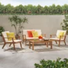 Temecula Outdoor Acacia Wood 4 Seater Chat Set With Cushions - Brown Patina/Cream - Christopher Knight Home