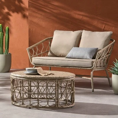2pc Bruce Outdoor Wicker Loveseat & Coffee Table Light Brown/Beige - Christopher Knight Home