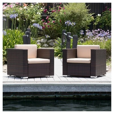 Murano Set of 2 Wicker Patio Club Chairs With Cushions - Brown - Christopher Knight Home