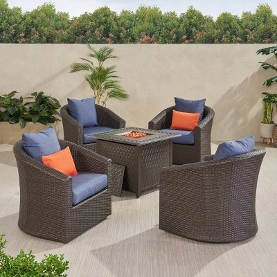 Darius 5pc Outdoor Set with 4 Wicker Swivel Chairs & Fire Pit Set - Brown/Navy/Hammered Bronze - Christopher Knight Home