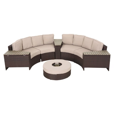 Madras Tortuga 8pc Wicker 1/2 Round Seating Set With Ice Bucket Ottoman - Brown/Beige - Christopher Knight Home